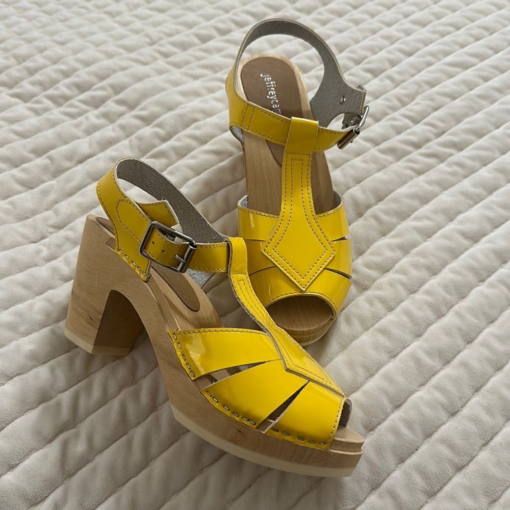 new Jeffrey Campbell clog sandals with yellow patent leather fisherman style